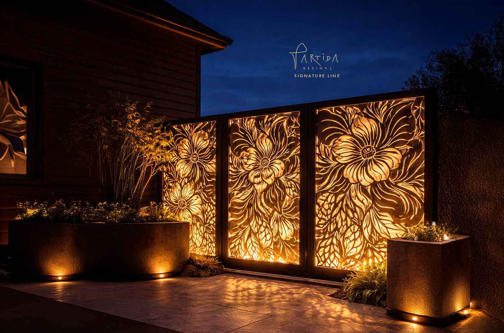 Illuminated custom architectural metal panel with floral design by Vanessa Partida Designs