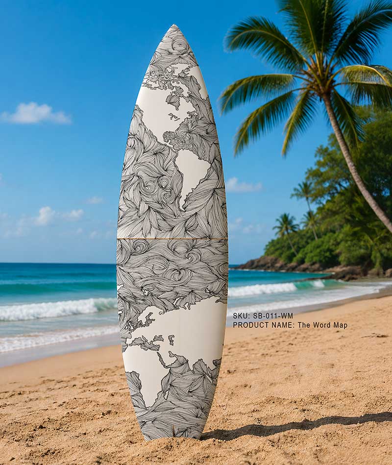 The World Map Surfboard by Vanessa Partida Designs